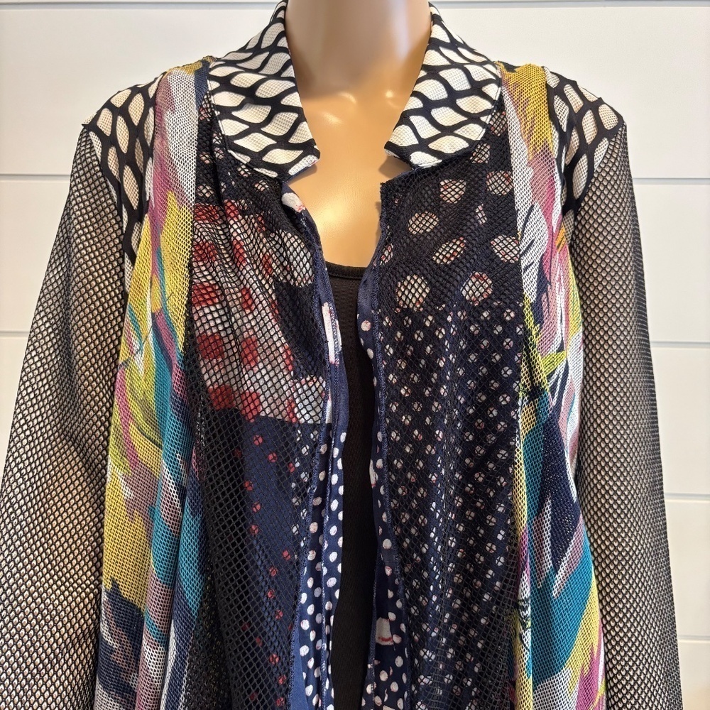 FW Collection multi pattern fishnet drape cardigan with pockets size small - Picture 2 of 15
